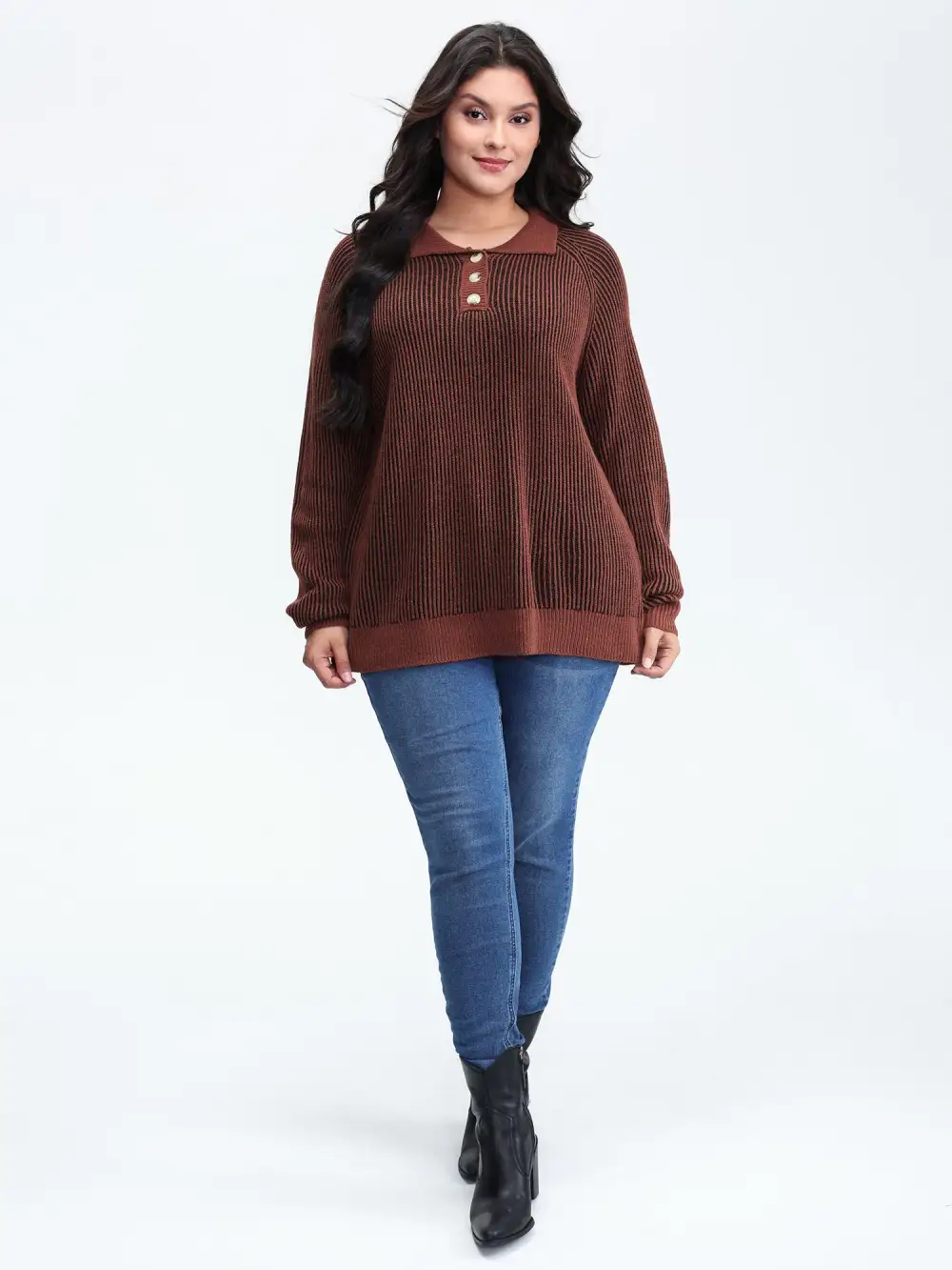 Polo Collar Color Contrast Textured Pullover