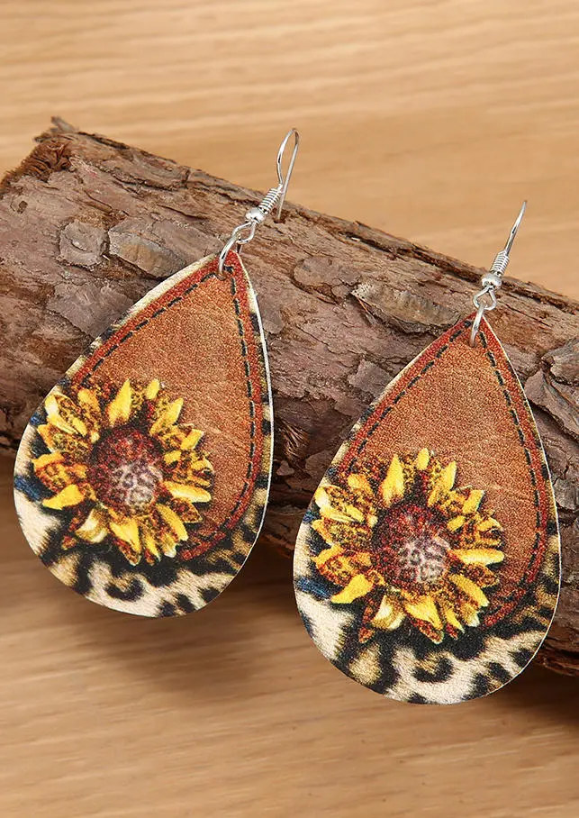 Sunflower Leopard  PU Leather Water Drop Earrings