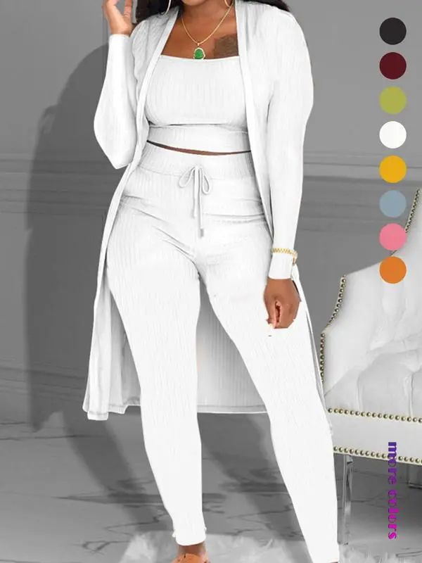 Women’s 3-Piece Fall Outfit – Open Front Cardigan, Tie Front Leggings & Cropped Top Set