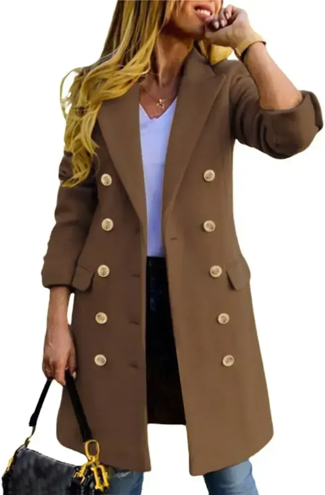 Womens Fall Winter Wool Coats Double Breasted Midi Peacoat Trench Coats
