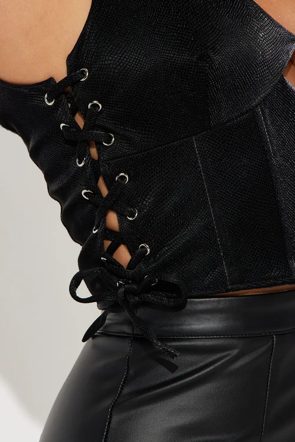 Maebri Faux Leather Corset Top - Black
