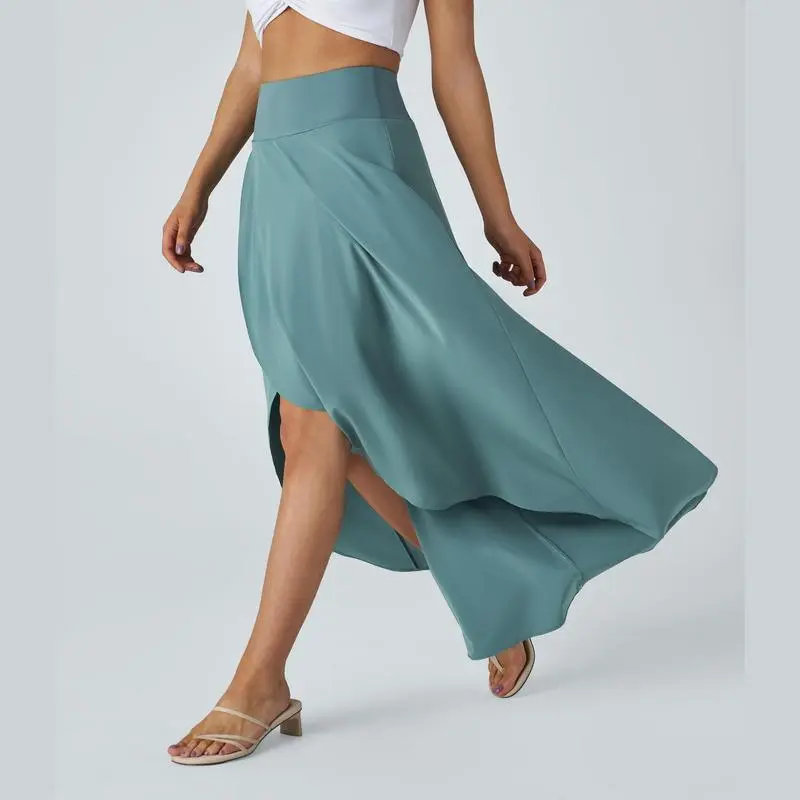 High Waisted 2-in-1 Maxi Skirt – Flowy, Quick-Dry, High-Low Hem with Ruffle Detail