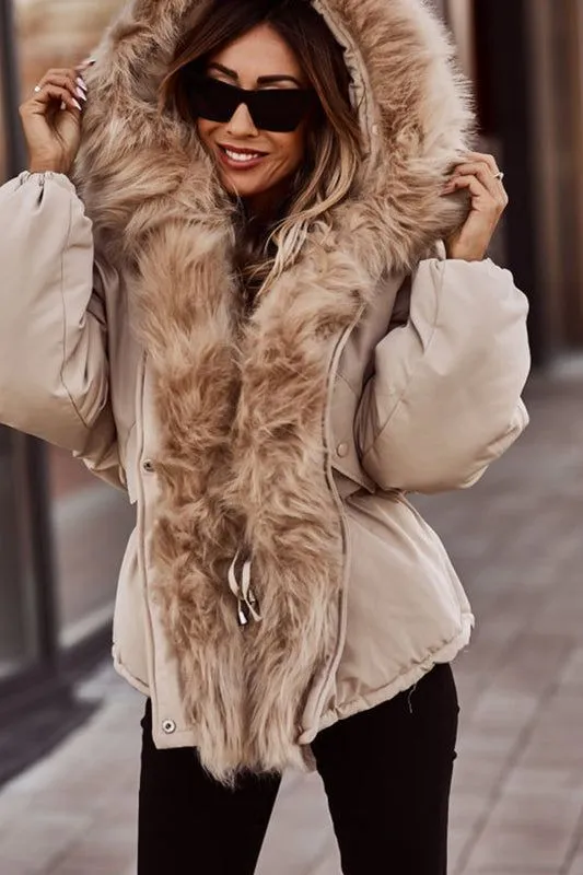 New Women’s Short Puffy Canvas Jacket with Faux Fur Trimmed Hood