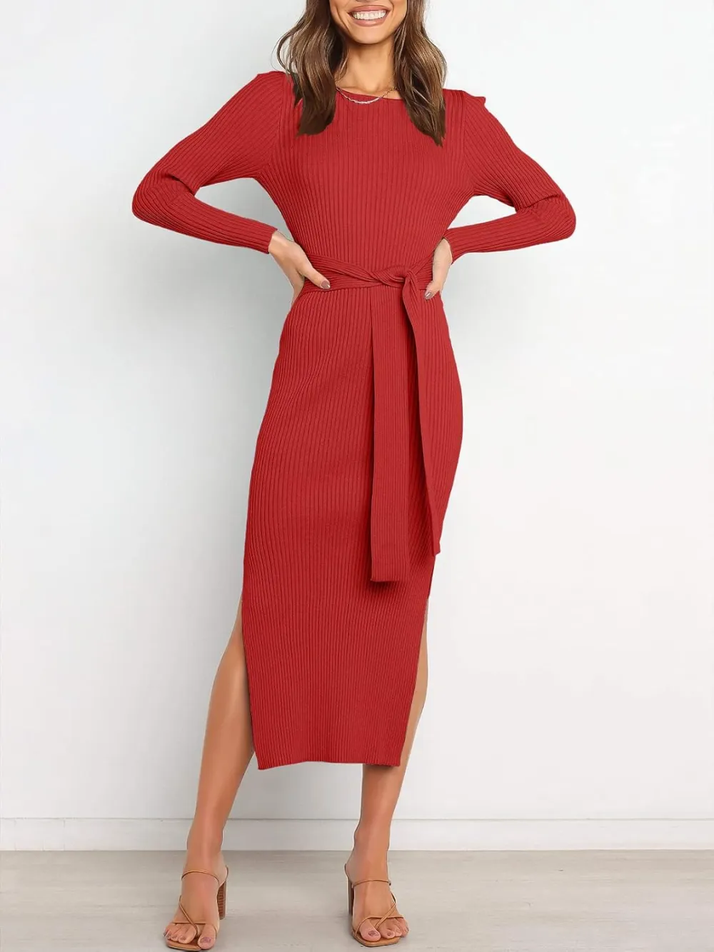 Long Sleeve Sweater Dress Crew Neck Slim Fit Slit Tie Waist 2024 Ribbed Knit Bodycon Midi Dress Fall Outfits