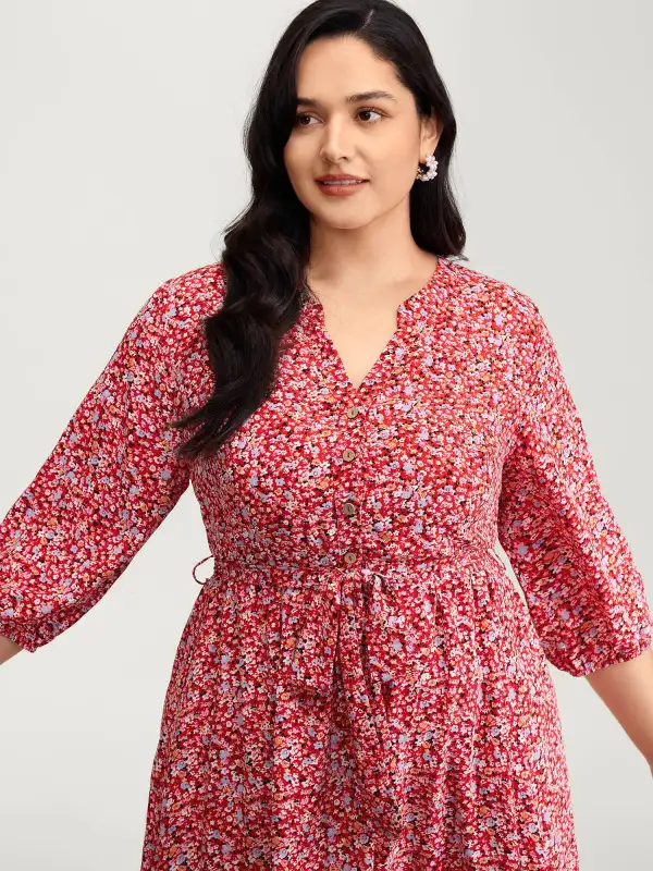 Floral Print Belted Waist Midi Dress