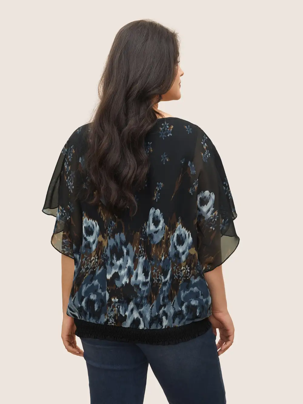 Pixel Flower Shirred Batwing Sleeve Blouse
