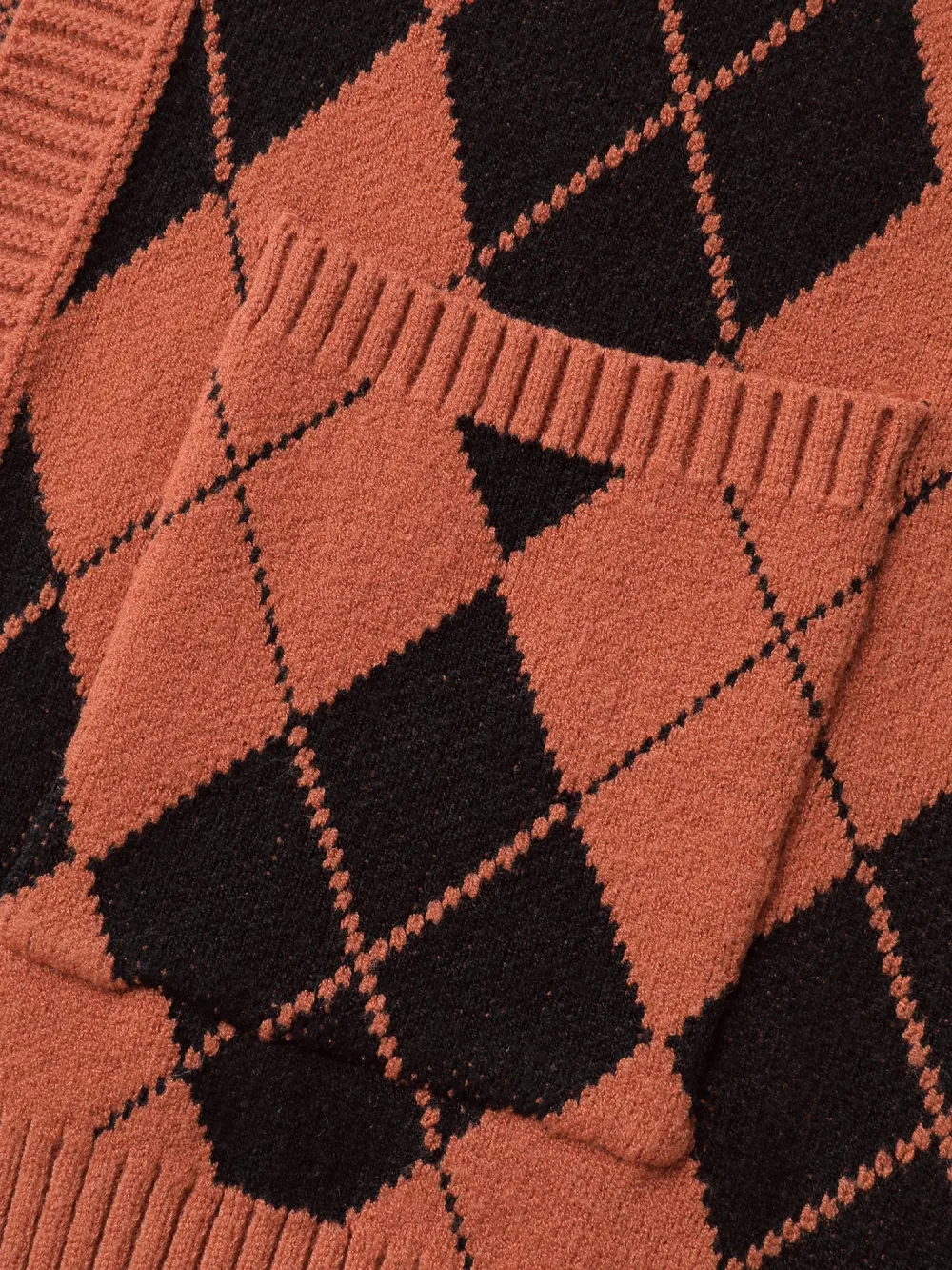 Checkered Jacquard Hooded Pockets Knit Cardigan