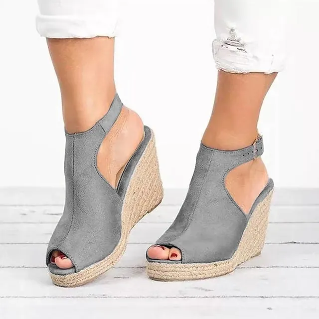 Women's Sandals Plus Size Outdoor Office Daily Summer Buckle Wedge Heel Peep Toe Casual Minimalism Walking Nubuck Faux Suede Buckle Solid Colored Black Pink Blue