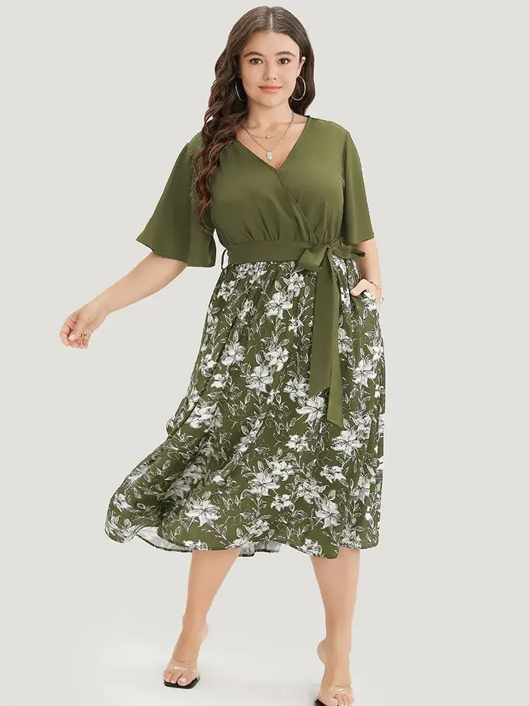 Floral Patchwork Pocket Belt Surplice Neck Ruffle Hem Dress