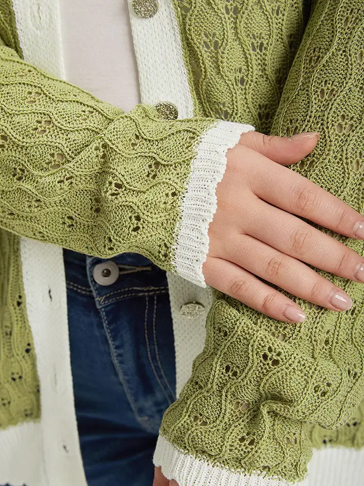 Two Tone Patchwork Cut Out Button Down Cardigan