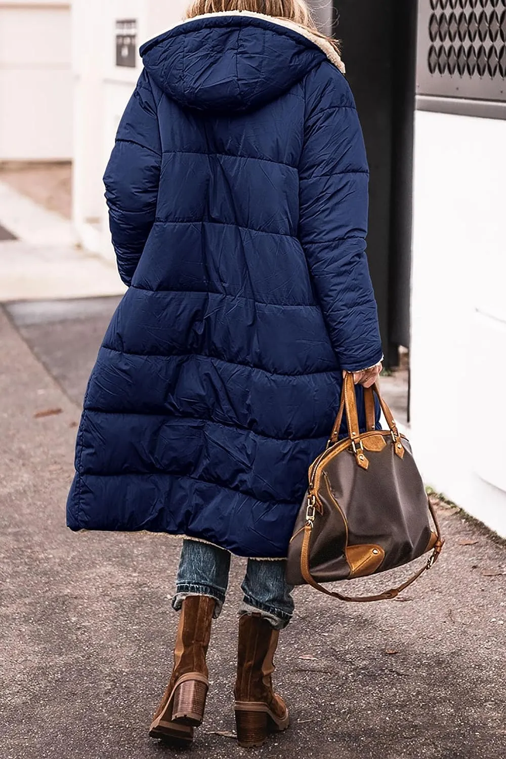 Women's 2023 Warm Winter Coats Reversible Sherpa Fleece Long Hooded Puffer Jackets Outerwear
