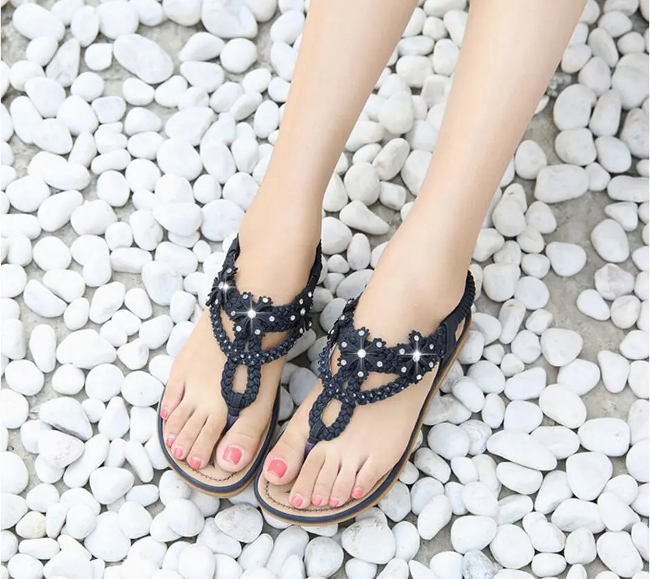 Bohemia style woman shoes string bead platform  Flat Sandals