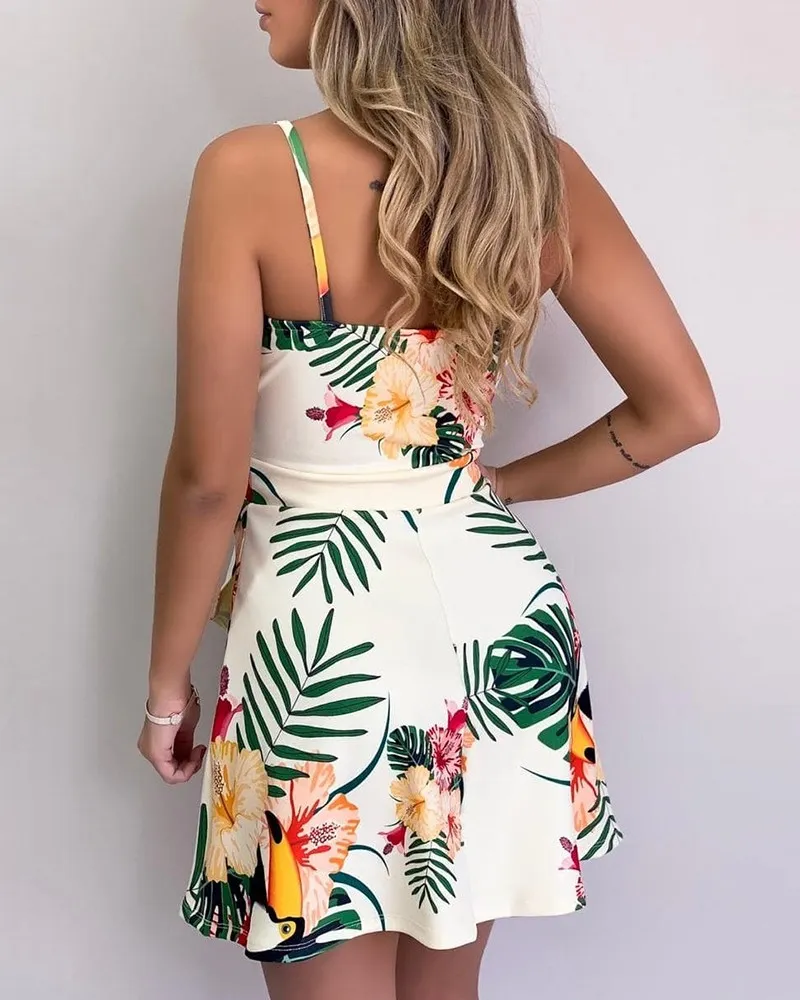 V Neck Leaf Print Mini Dress