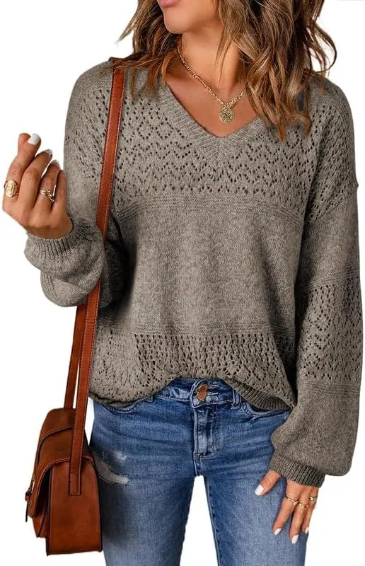 Womens Sweaters Casual Long Sleeve V Neck Lightweight Crochet Pullover Sweater Tops