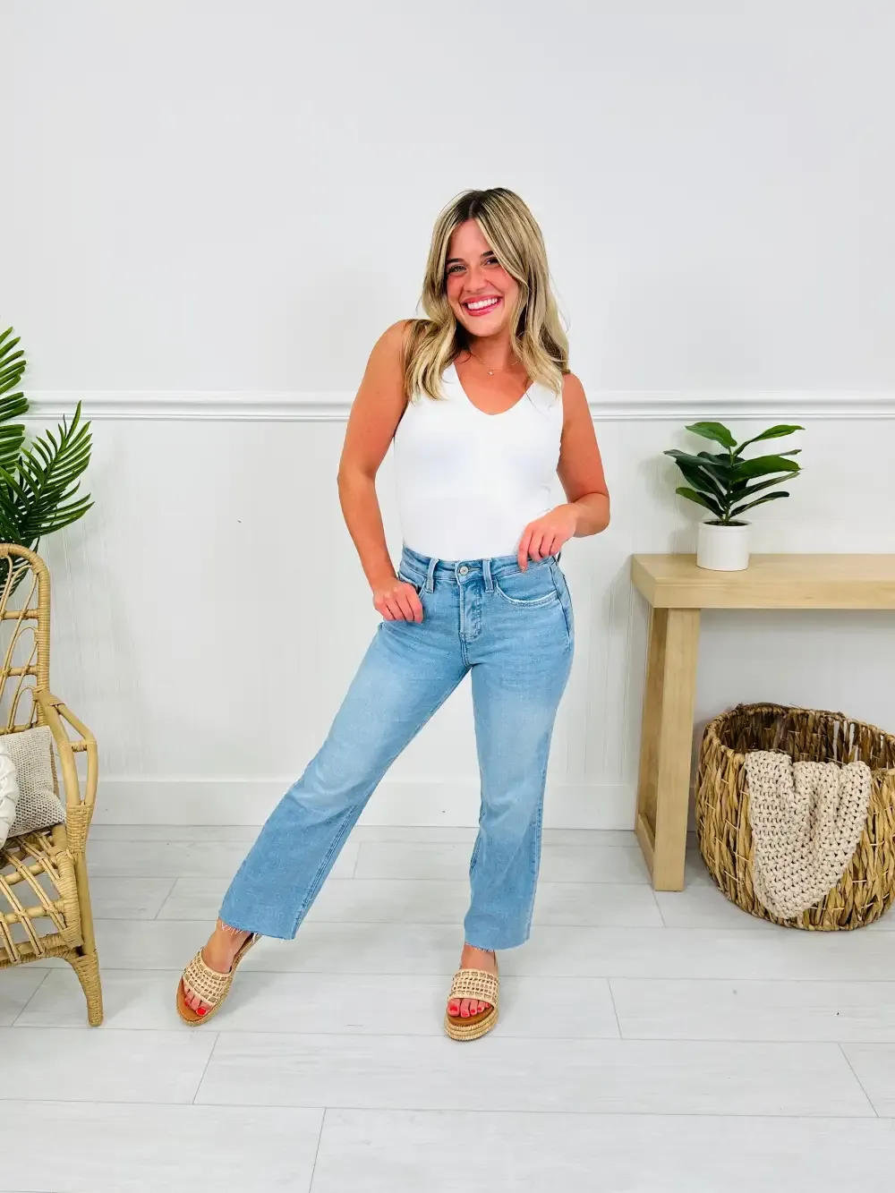 Somewhere Sunny Tummy Control Cropped Slim Fit Wide Leg Jeans