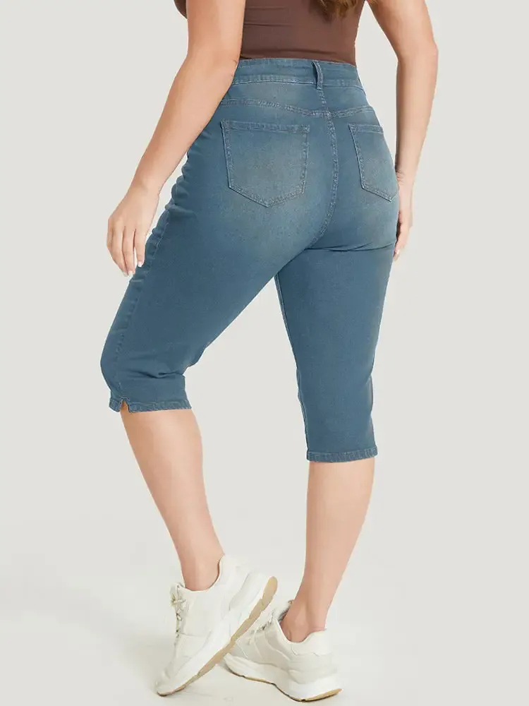 Skinny Very Stretchy Dark Wash Split Knee Denim Shorts