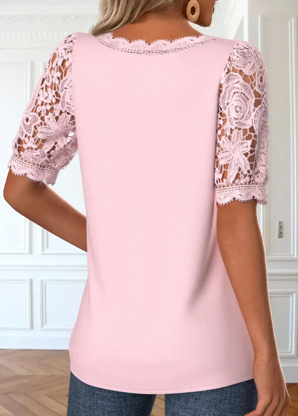 Pink Lace Half Sleeve Square Neck Blouse