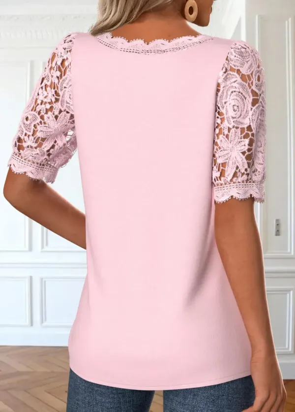 Pink Lace Half Sleeve Square Neck Blouse