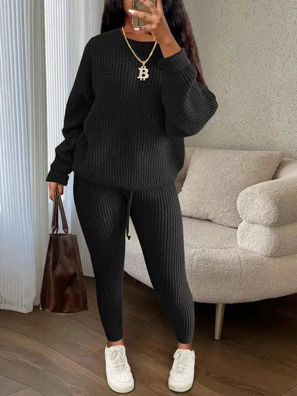 Women's Solid Drop Shoulder Long Sleeve Sweater & Drawstring Waist Pants Set