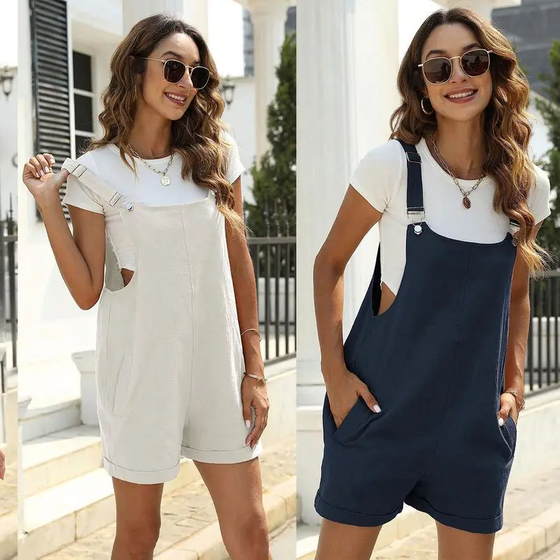 Women's Summer Cotton Linen Overalls – Casual Shorts Romper with Pockets for Beach, Travel, Daily Wear