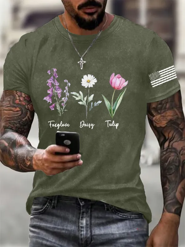 Men'S FDT Flowers Printed Cotton Washed T-Shirt