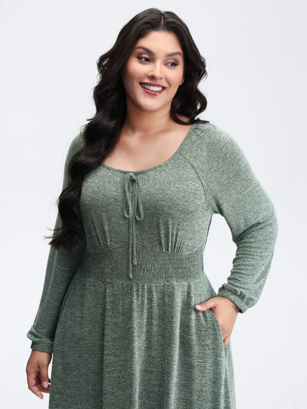 Knit Textured Stretchy Shirred Knee-Length Dress