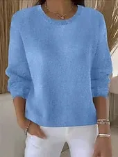 Women's Sweater Fashion Streetwear Casual Pure Color Ribbed Crew Neck Knitted Long Sleeve Regular Tops Knit Outdoor Daily Weekend Yellow Pink Fall Winter