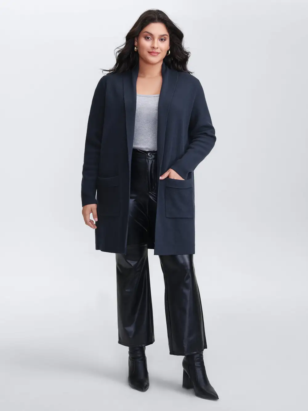 Supersoft Folded Collar Pockets Open-Front Knit Cardigan