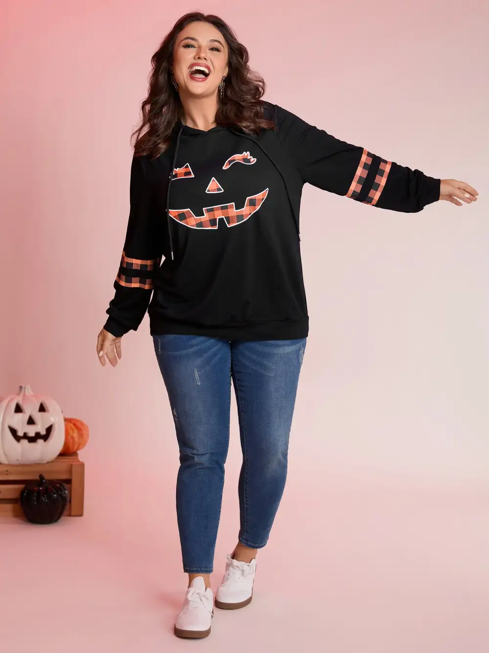 Pumpkin Plaid Print Solid Hoodie