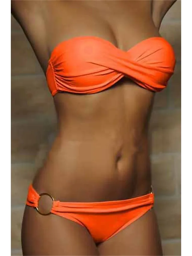 Women's Swimwear Bikini 2 Piece Normal Swimsuit Ruched 2 Piece Open Back Sexy Pure Color Black White Yellow Pink Red Padded Strapless Bathing Suits New Vacation Beach Wear