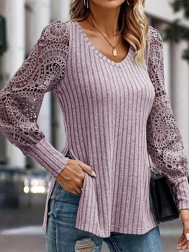 Women's Blouse Textured Ribbed Solid Color Eyelet Daily Elegant Stylish Puff Sleeve Long Sleeve