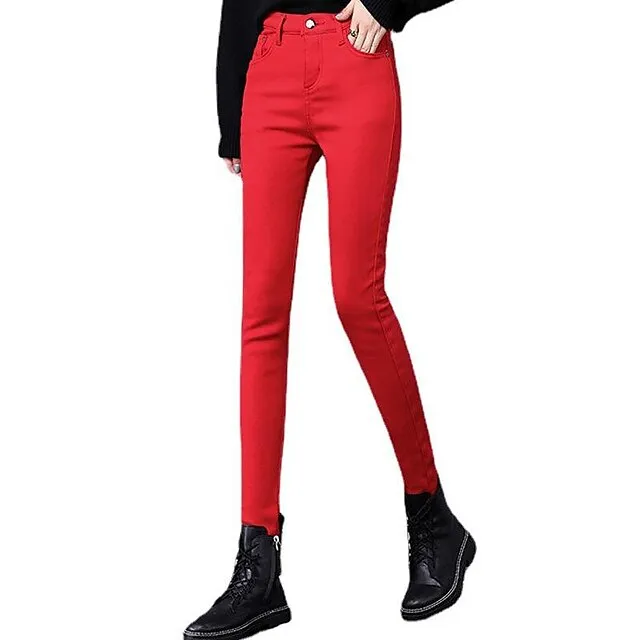 Women‘s Fleece Pants Tights Flannel Trousers lined Blue Purple Wine High Waist Fashion Office Causal Side Pockets High Elasticity Full Length Thermal Warm S M L XL XXL