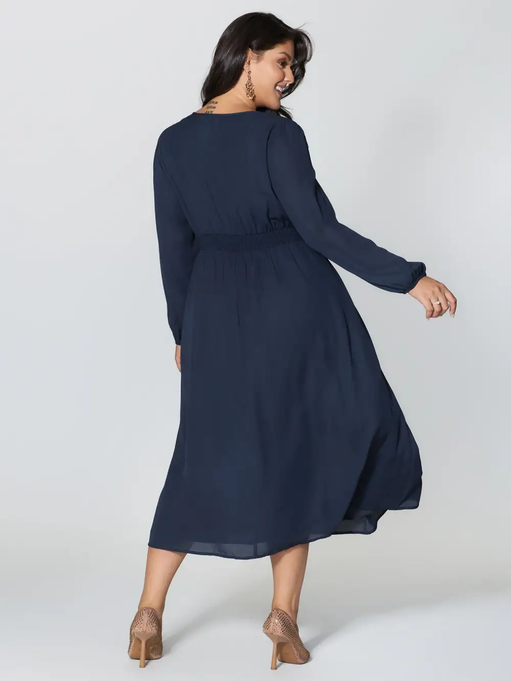 Gold Sequin Embroidery Sheer Shirred Midi Dress