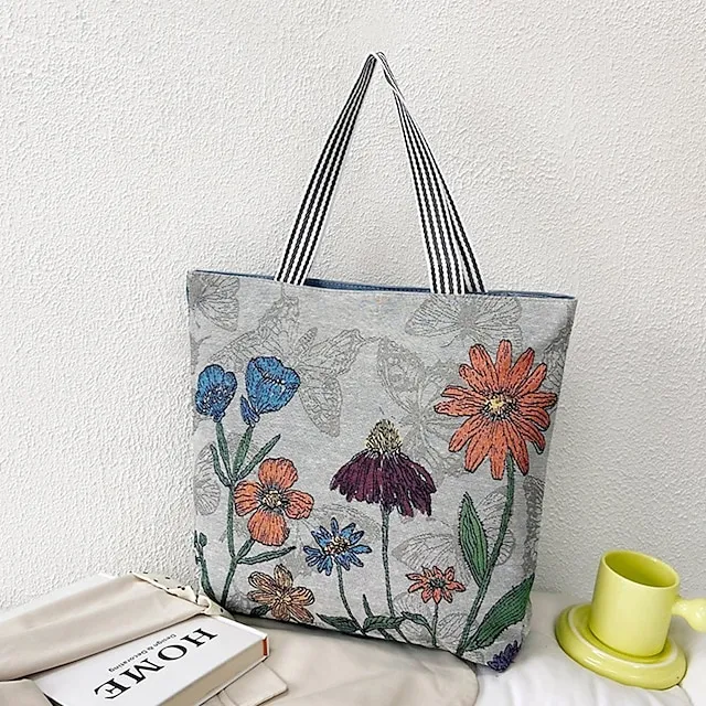 Women's Tote Shoulder Bag Canvas Tote Bag Oxford Cloth Shopping Daily Zipper Print Large Capacity Lightweight Durable Cat Flower Folk Butterfly Unicorn Black cat