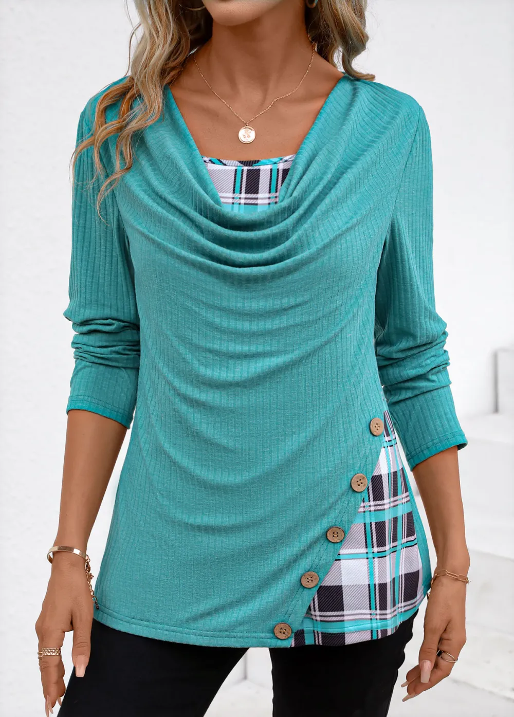 Cyan Patchwork Plaid Long Sleeve Draped Neck Sweatshirt