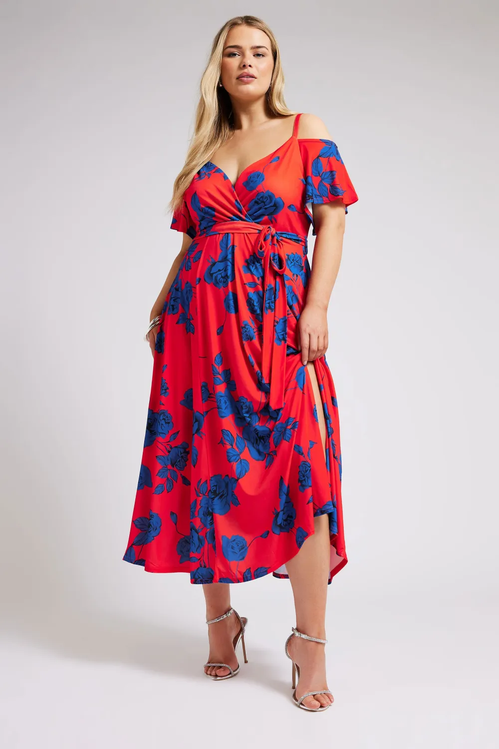 YOURS LONDON Curve Red & Blue Floral Bardot Maxi Dress