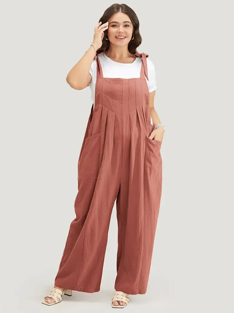 Solid Pleated Detail Pocket Knotted Shoulder Overall Jumpsuit