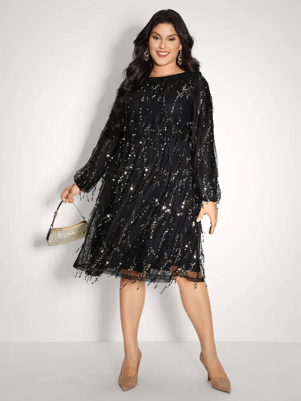 Back Bow Tie Fringe Sequin Midi Dress