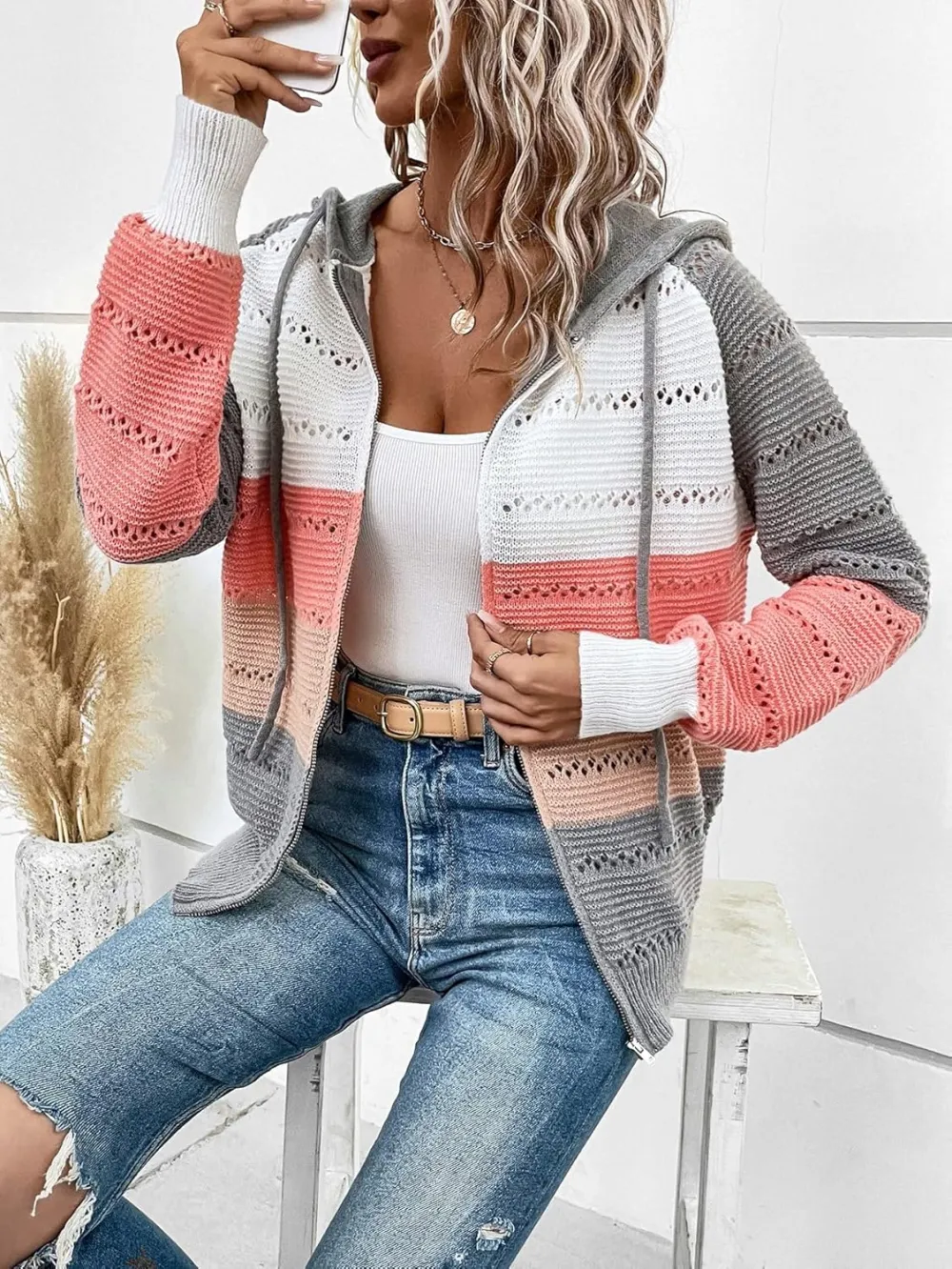 Women's Colorblock Zip Up Hoodie Jacket Long Sleeve Drawstring Hooded Cardigan Coat