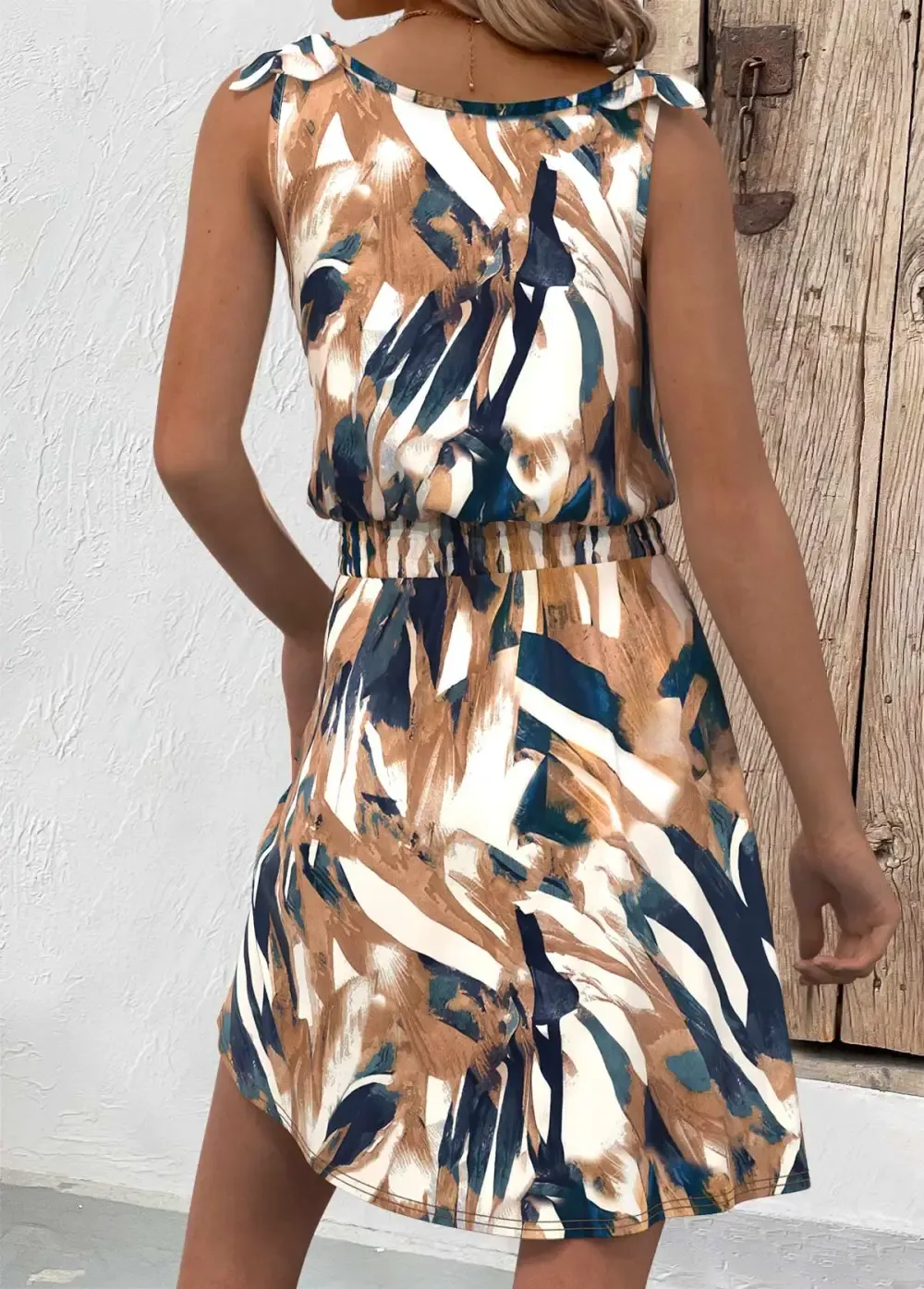 White Button Geometric Print Short Sleeveless V Neck Dress