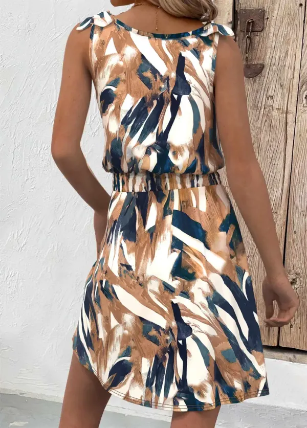 White Button Geometric Print Short Sleeveless V Neck Dress