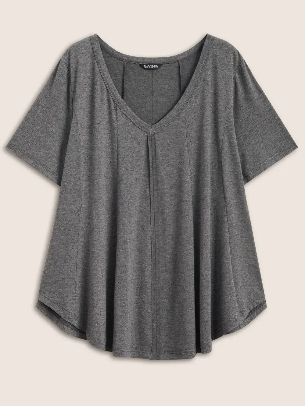 Solid Heather V Neck Curved Hem T-Shirt