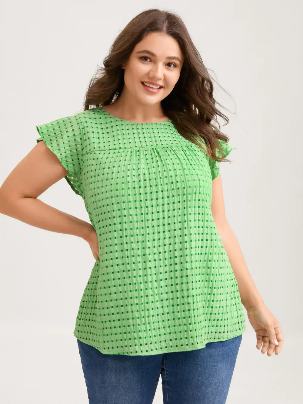 Textured Sheer Lined Flutter Sleeve Blouse