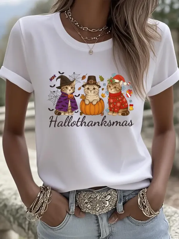 Women's Thanksgiving Animal Cat Art Butterfly Art Print T-shirt