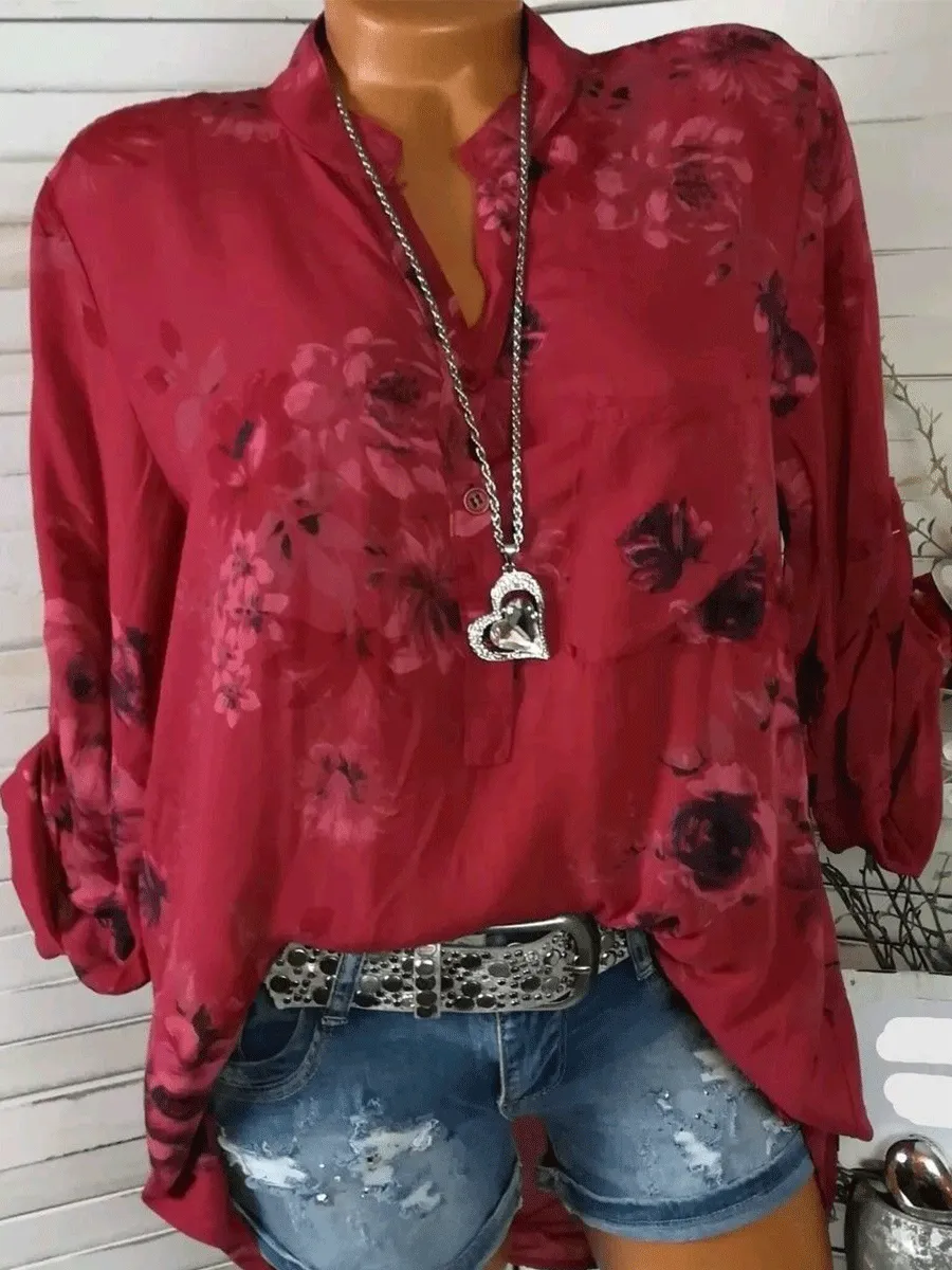 Cotton V-Neck Button Floral Printed Tops