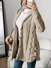 Elegant Beige Quilted Faux Fur Hooded Cardigan