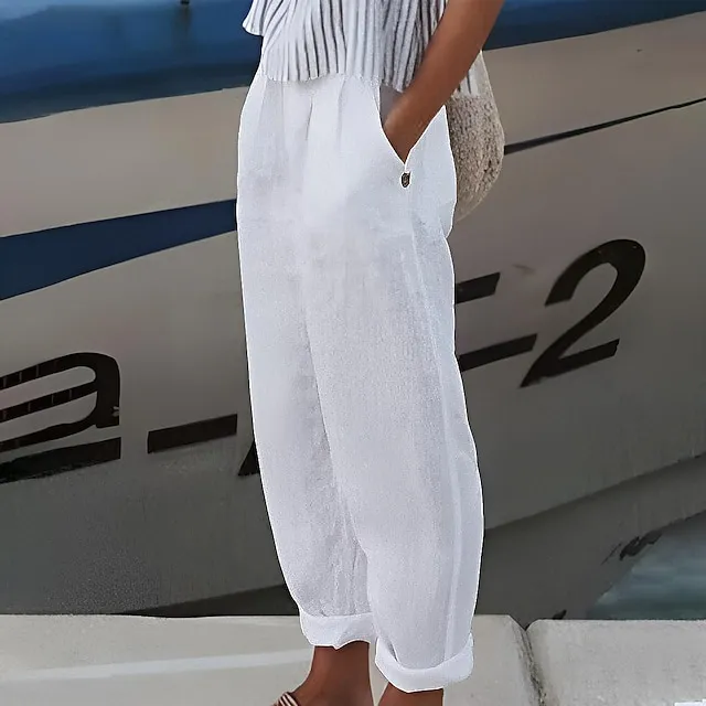 Women's Plus Size Loungewear Pants Pure Color Simple Casual Comfort Home Street Cotton And Linen Long Pant Summer Spring White Blue