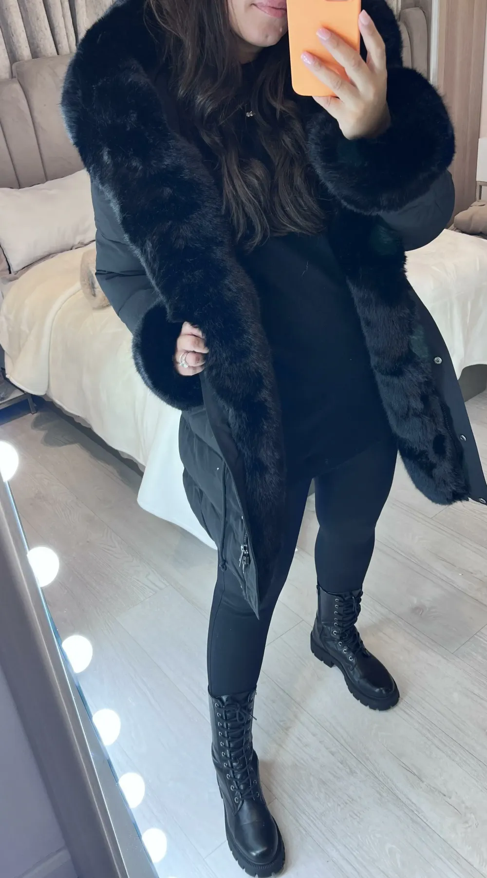 Black Luxury Faux Fur Trim Coat