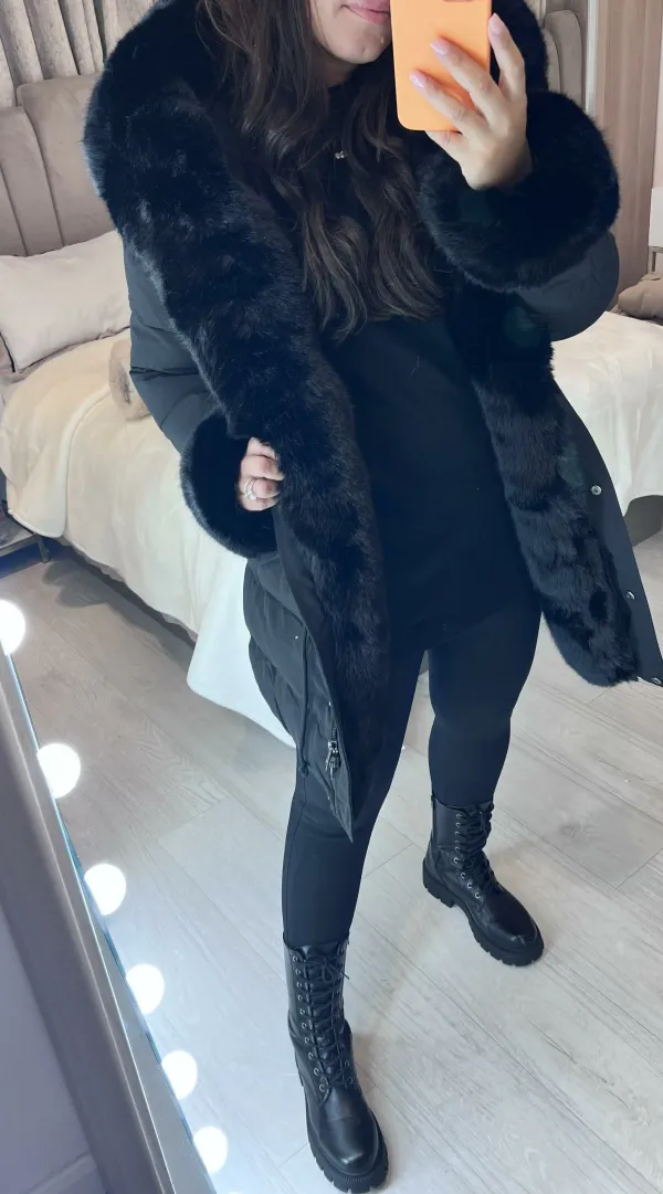 Black Luxury Faux Fur Trim Coat