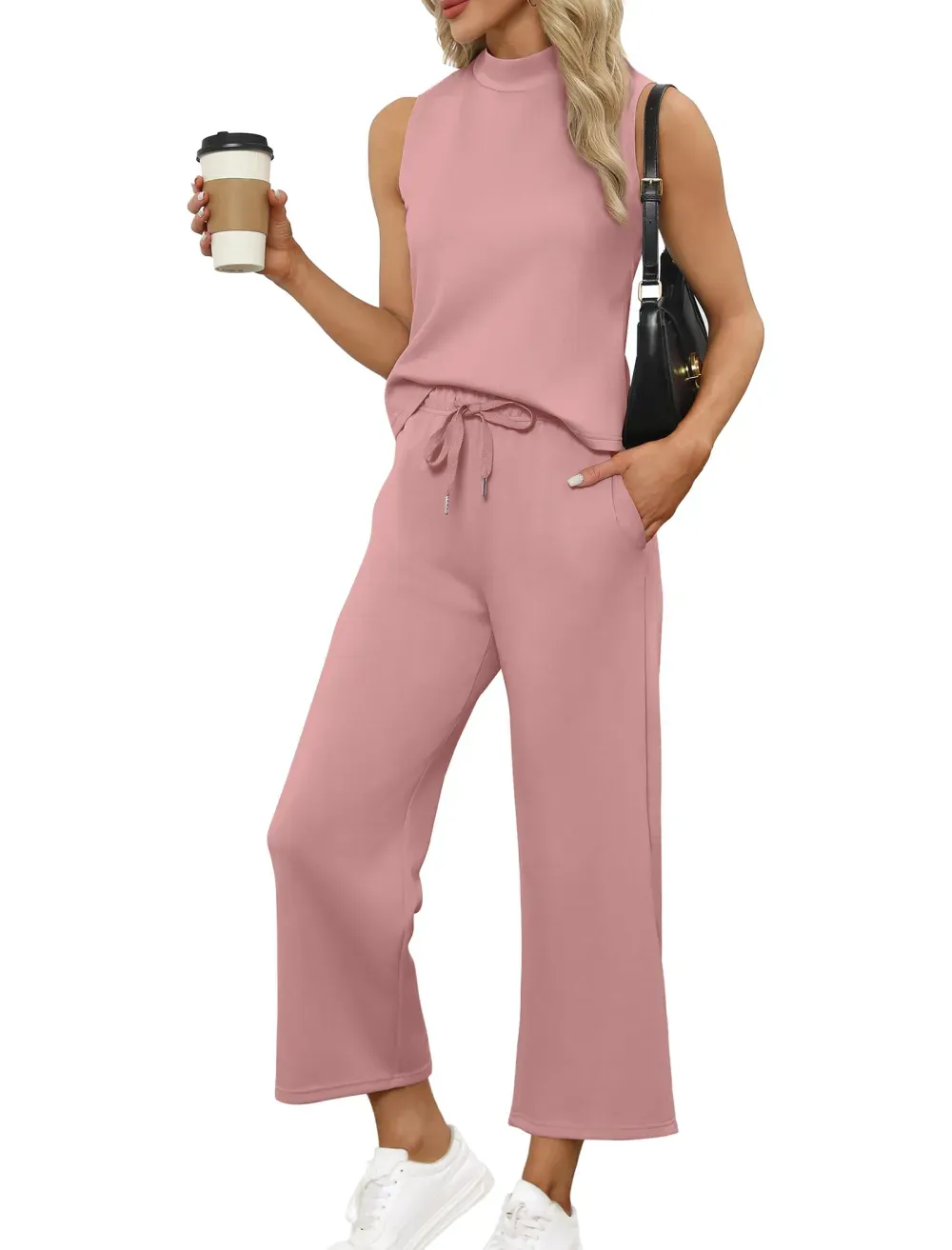 ✨Women's Mock Neck Tops Wide Leg Crop Pants Travel Outfits